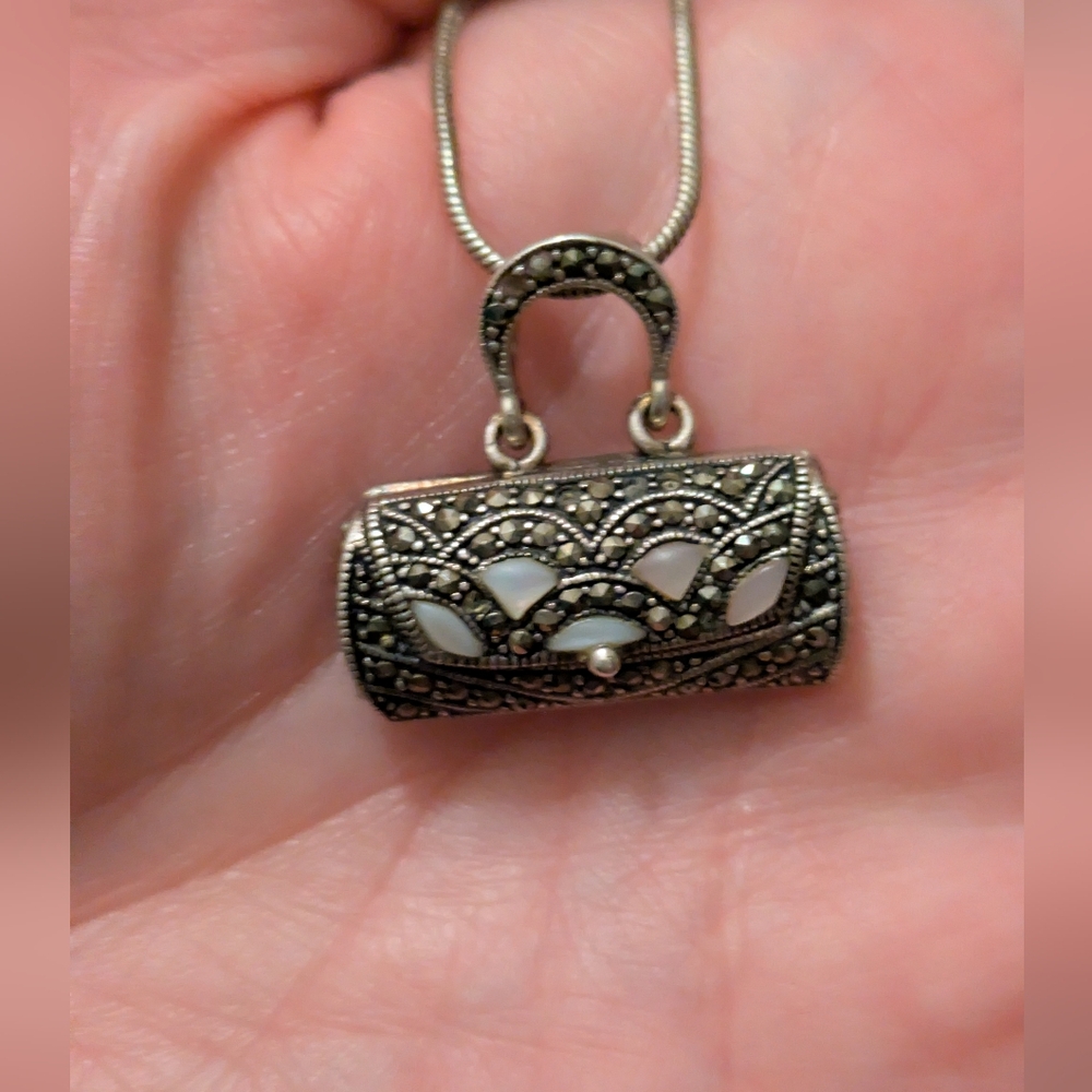 Precious Estate Find 20" Purse Marcasite & Mother Of Pearl PURSE LOCKET